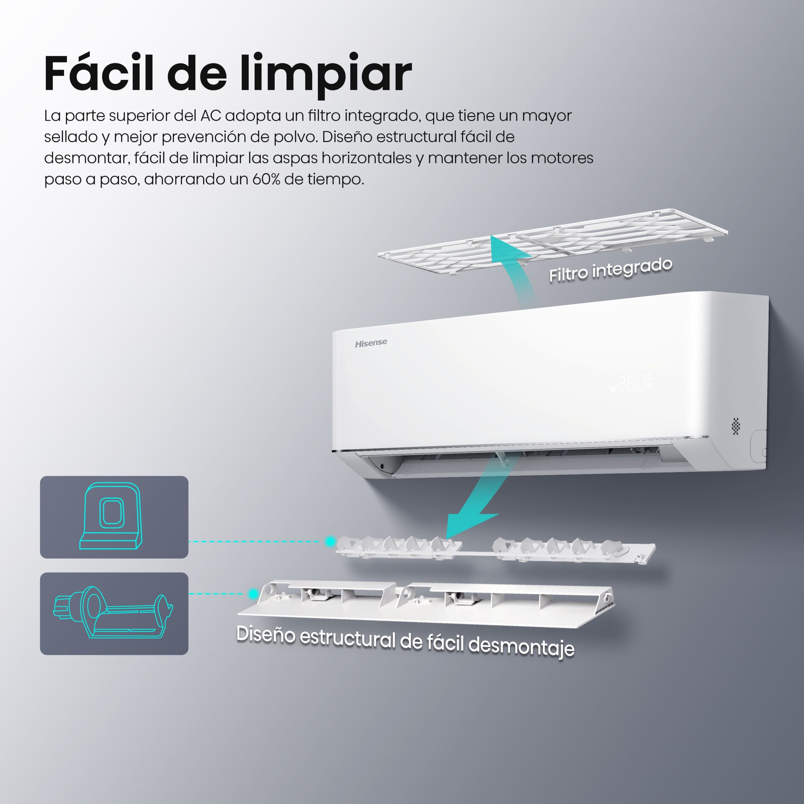 Fácil limpieza y mantenimiento Hisense ha diseñado esta gama pensando también en simplificar las tareas habituales de mantenimiento.  El equipo incorpora panel extraíble y lavable, autolimpieza interior, sistema 4 filtros en 1 y diseño orientado a facilitar el mantenimiento.  El acceso simplificado a diferentes componentes permite mantener el equipo en mejores condiciones de uso y facilita las intervenciones de mantenimiento.